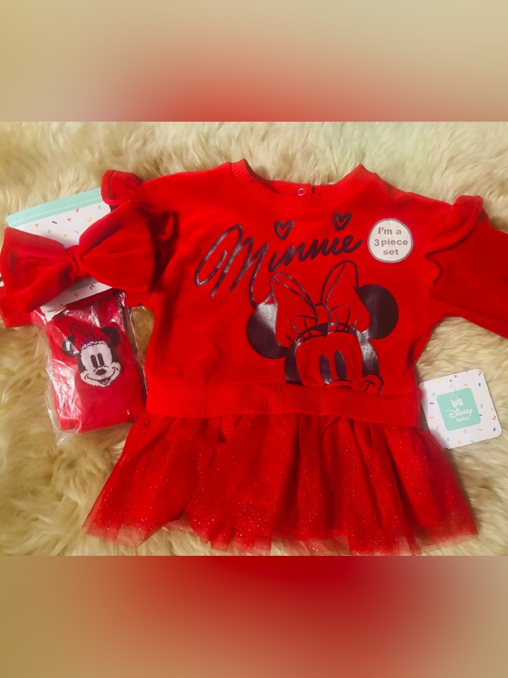 Disney Minnie Mouse Baby Girl Red Dress 3 Piece Set Size 3-6M